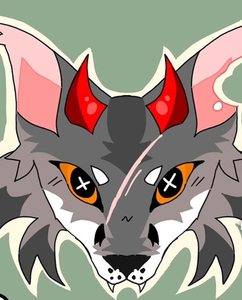 May include: A digital illustration of a wolf-like creature with gray fur, red horns, and orange eyes with white cross-shaped pupils. The background is a muted green, and the style is reminiscent of a cartoon or anime.