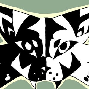 May include: Black and white graphic illustration of a wolf's face. The design is split down the middle, with one side black and the other white. The background is a light green color.