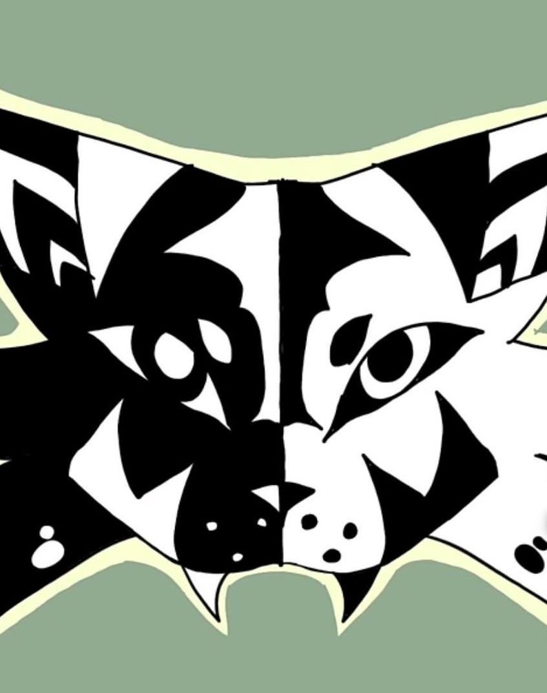 May include: Black and white graphic illustration of a wolf's face. The design is split down the middle, with one side black and the other white. The background is a light green color.