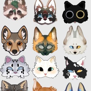 May include: A collection of illustrated animal face designs, including cats, dogs, and foxes, in various colors and styles. The image includes the text "Free mask ideas! :)"