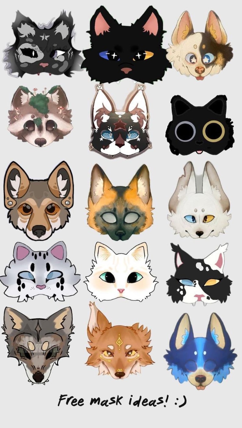 May include: A collection of illustrated animal face designs, including cats, dogs, and foxes, in various colors and styles. The image includes the text "Free mask ideas! :)"