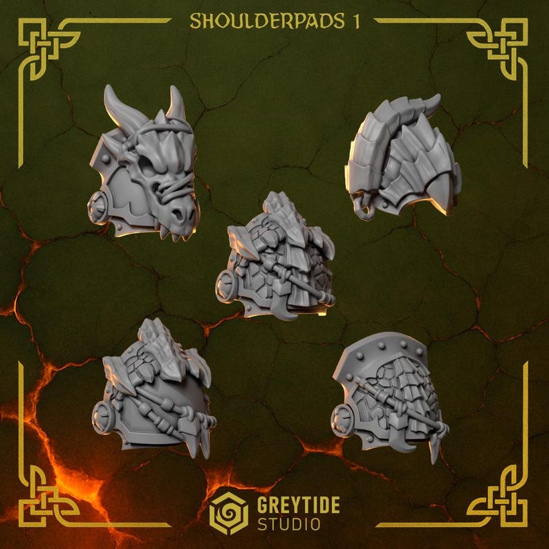 May include: Five gray shoulder pads with intricate designs, including a dragon head and scale patterns. The pads are arranged against a textured, dark background. The text "SHOULDERPADS 1" is at the top.