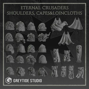 Op de afbeelding: Een verzameling miniatuur fantasy pantseronderdelen, waaronder helmen, capes en schouderstukken. De afbeelding toont verschillende ontwerpen, zoals helmen met spikes en sierlijke capes. De tekst "ETERNAL CRUSADERS" en "SHOULDERS, CAPES&LOINCLOTHS" staat bovenaan.