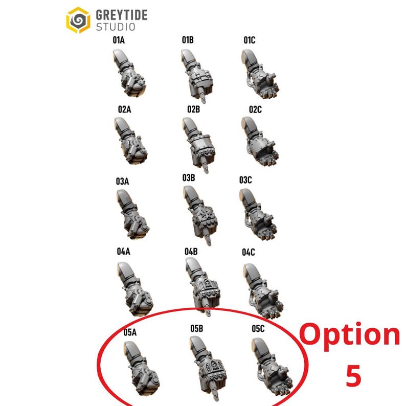 Puede incluir: Una selecci&oacute;n de brazos mec&aacute;nicos en miniatura, cada uno con detalles intrincados, dispuestos en filas y columnas. La imagen incluye el texto "GREYTIDE STUDIO" y etiquetas para cada brazo, con "Opci&oacute;n 5" resaltada en un c&iacute;rculo rojo.