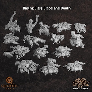 May include: A collection of grey miniature resin figures titled Basing Bits | Blood and Death. The set includes various unpainted, detailed human-like remains, skeletal structures, and torso fragments designed for tabletop gaming terrain.