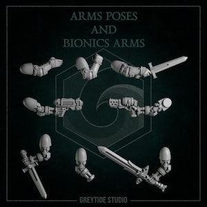May include: A set of 3D printed plastic miniature arms and bionic arms for tabletop gaming. The arms are in various poses, including holding a sword, a gun, and a fist. The arms are designed to be used with 28mm scale miniatures.