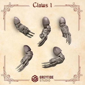 May include: Five grey, articulated claw armatures, each with a rounded shoulder piece and sharp, curved claws. The image includes the text "Claws 1" and the "GREYTIDE STUDIO" logo.