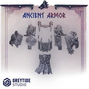 Puede incluir: Colección de piezas grises de plástico en miniatura "Ancient Armor", que incluyen escudos, hombreras y petos. El texto "ANCIENT ARMOR" se muestra arriba. El logotipo de GreyTide Studio está en la parte inferior.