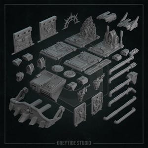 May include: A set of 3D printed miniature building parts for a tabletop game or diorama. The set includes walls, doors, windows, pipes, and other details. The parts are made of gray plastic and are designed to be assembled together.