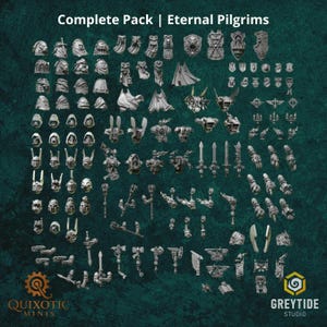 Könnte beinhalten: Eine Sammlung grauer Miniatur-Kunststoffbauteile mit der Aufschrift Complete Pack | Eternal Pilgrims. Das Set enthält verschiedene ritterliche Helme, Schulterpolster, Umhänge, Schilde, Schwerter, Streitkolben und mechanische Armteile für Tabletop-Modelle.