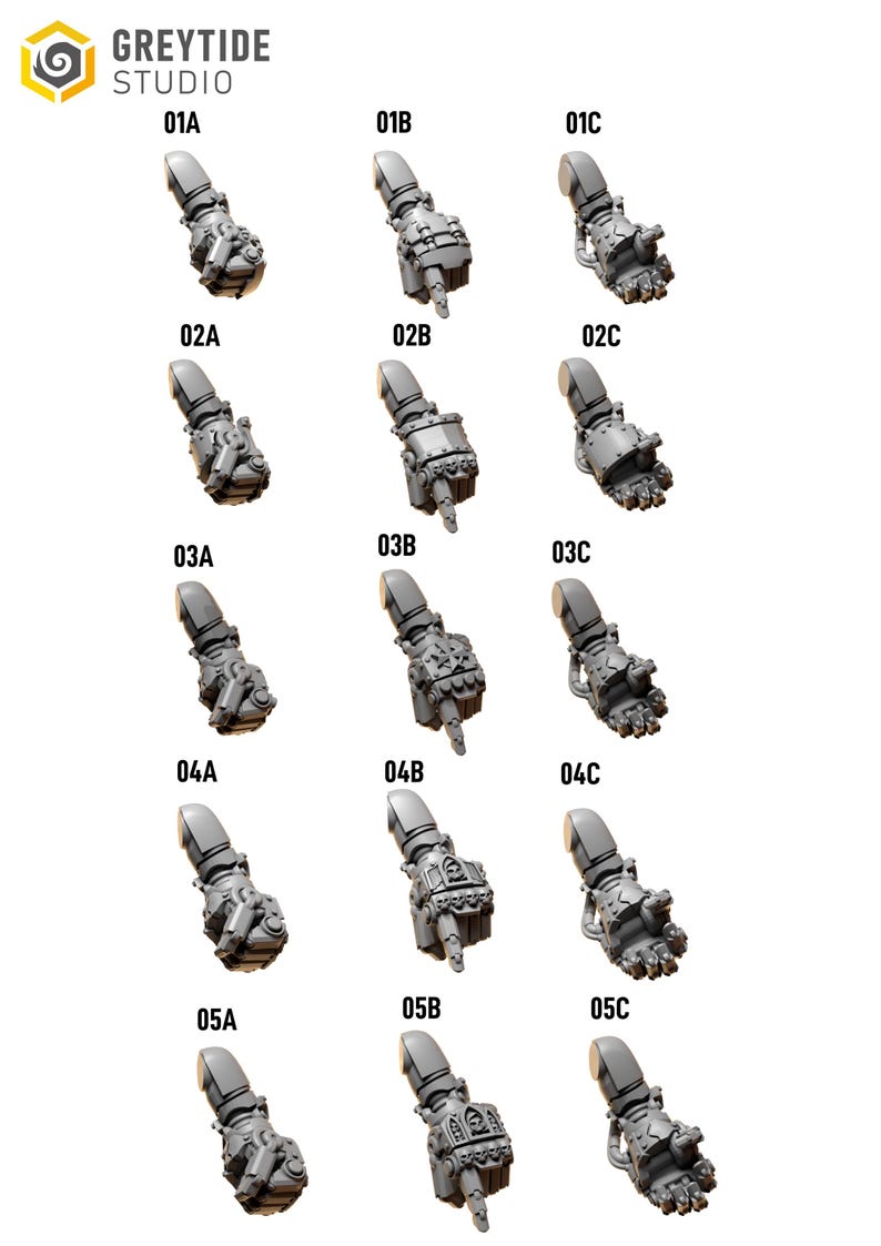 Puede incluir: Una colecci&oacute;n de doce miniaturas de brazos mec&aacute;nicos grises, cada una con un dise&ntilde;o &uacute;nico. Los brazos est&aacute;n numerados y etiquetados con letras, mostrando varios estilos y detalles. El logotipo de GreyTide Studio est&aacute; en la esquina superior izquierda.