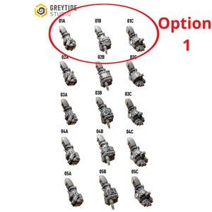 Puede incluir: Una colecci&oacute;n de modelos en miniatura de brazos mec&aacute;nicos detallados, cada uno con dise&ntilde;os y texturas &uacute;nicos. Los modelos est&aacute;n dispuestos en filas y columnas, con etiquetas como "01A" y "01B". La imagen incluye el texto "Opci&oacute;n 1" y el logotipo de Greytide Studio.