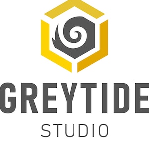 May include: The logo features a gold and gray hexagon with a spiral design inside. Below the logo, the text "GREYTIDE STUDIO" is displayed in a dark gray font, with "STUDIO" below it.