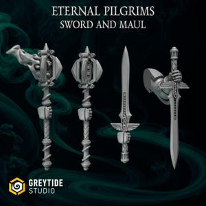 May include: A collection of gray fantasy weapons, including two mauls and two swords. The mauls have ornate heads and spiraled handles. One sword features a winged design, and the other is held by a stylized arm. The text "ETERNAL PILGRIMS SWORD AND MAUL" is at the top.