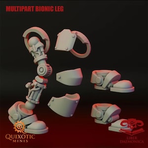 Peut inclure: Un kit de modèle de jambe bionique en plusieurs parties en résine gris clair. L'ensemble comprend une jambe mécanique assemblée, trois pièces de blindage séparées et deux composants de pied distincts. Texte : MULTIPART BIONIC LEG, QUIXOTIC MINIS, LIBER DAEMONICA.