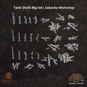 Peut inclure: Un ensemble de miniatures de douilles et d'obus de char gris dans divers états, comprenant des projectiles entiers et des fragments métalliques déformés. Le texte Tank Shells Big Set | Zabavka Workshop est visible en haut de l'image.
