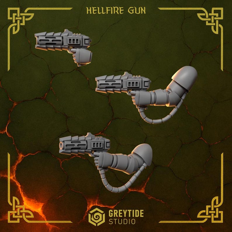 May include: Three gray Hellfire Gun models with attached arms are displayed against a dark green background. The text "HELLFIRE GUN" is at the top, and "GREYTIDE STUDIO" is at the bottom. The guns have a futuristic design.