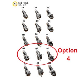 Puede incluir: Imagen de componentes de brazo mec&aacute;nico en miniatura, etiquetados con c&oacute;digos alfanum&eacute;ricos. La imagen resalta la "Opci&oacute;n 4" con un c&iacute;rculo rojo, mostrando tres dise&ntilde;os de brazo espec&iacute;ficos. El logotipo "GREYTIDE STUDIO" est&aacute; en la parte superior izquierda.