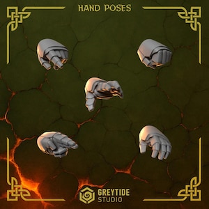 May include: A digital image showcasing multiple 3D-modelled hand poses in grey. The hands are set against a textured, dark green and brown background. The text "HAND POSES" is at the top, with the "GREYTIDE STUDIO" logo at the bottom.