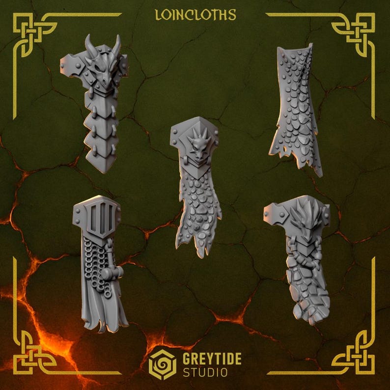May include: Five gray fantasy loincloth designs with dragon and scale details. The image includes the text "LOINCLOTHS" at the top and the "GREYTIDE STUDIO" logo at the bottom. The background is a dark green and orange gradient.