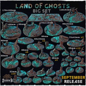 Könnte beinhalten: Ein großes Set von Land of Ghosts Miniatur-Bases mit braunem Gelände und leuchtend türkisfarbenen Akzenten. Die Sammlung umfasst verschiedene runde und rechteckige Bases mit Abmessungen von 25mm bis 170x110mm, die mit spezifischen metrischen Maßen beschriftet sind.