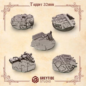 Puede incluir: Cinco bases redondas de resina de 32 mm de diámetro para juegos de miniaturas. Las bases presentan diferentes diseños de piedra y escombros rotos, perfectos para crear un paisaje urbano en ruinas o un campo de batalla.
