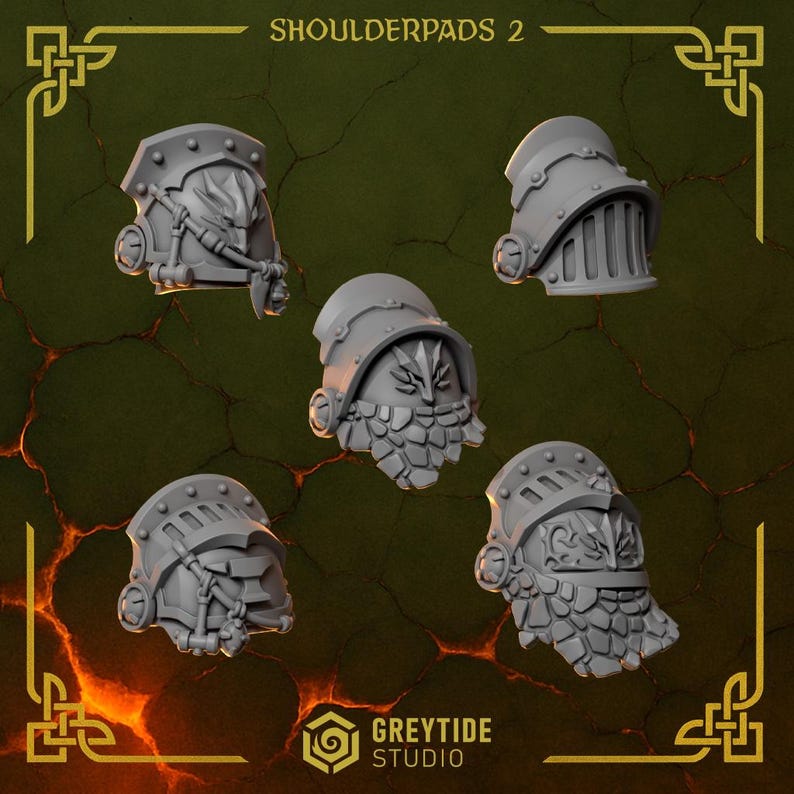 May include: Five gray shoulder pads with intricate designs are displayed against a dark, textured background. The pads feature detailed armor elements, rivets, and stylized shapes. The text "SHOULDERPADS 2" is at the top.