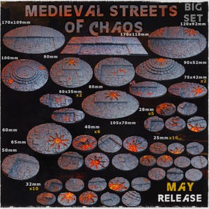 Könnte beinhalten: Eine Sammlung von grauen, steinstrukturierten Miniaturbases mit dem Titel Medieval Streets of Chaos Big Set. Das Set enthält verschiedene runde und rechteckige Bases mit orangefarbenen lavaartigen Rissen, beschriftet mit Maßen in mm, wie 170x109mm und 25mm.