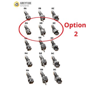 Puede incluir: Un fondo blanco muestra m&uacute;ltiples brazos mec&aacute;nicos en miniatura grises. La imagen est&aacute; etiquetada como "Opci&oacute;n 2" con un c&iacute;rculo rojo que resalta tres de los brazos. El texto "GREYTIDE STUDIO" est&aacute; en la esquina superior izquierda.