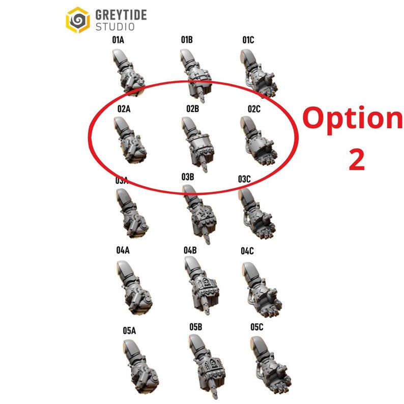 Puede incluir: Un fondo blanco muestra m&uacute;ltiples brazos mec&aacute;nicos en miniatura grises. La imagen est&aacute; etiquetada como "Opci&oacute;n 2" con un c&iacute;rculo rojo que resalta tres de los brazos. El texto "GREYTIDE STUDIO" est&aacute; en la esquina superior izquierda.
