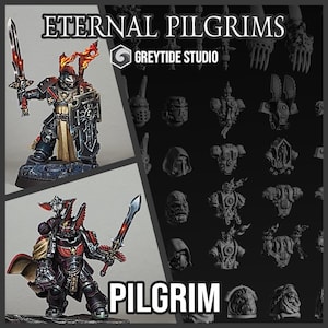 Puede incluir: Imagen que presenta figuras en miniatura de Eternal Pilgrims, un producto de GreyTide Studio. Las figuras visten armaduras negras, rojas y doradas, empu&ntilde;ando espadas y escudos. La imagen tambi&eacute;n incluye varias piezas en miniatura y la palabra "PILGRIM".
