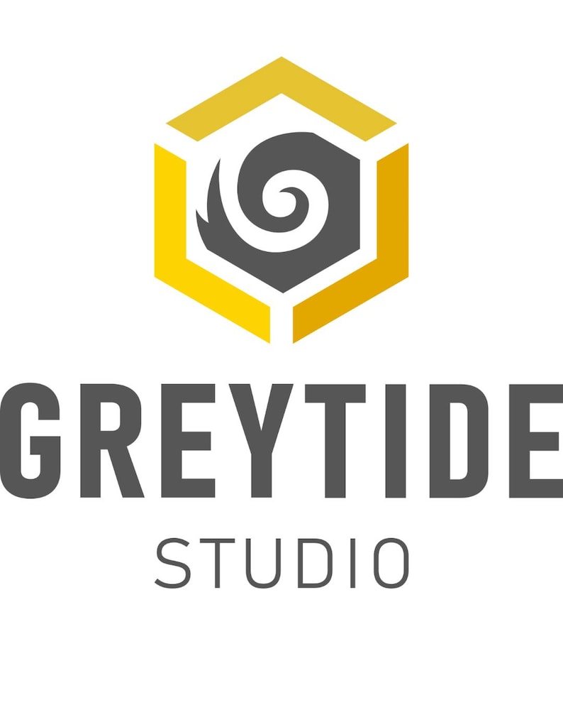 Puede incluir: El logotipo presenta un hex&aacute;gono dorado y gris con un dise&ntilde;o en espiral en su interior. Debajo, el texto "GREYTIDE STUDIO" en gris, con "STUDIO" debajo. El dise&ntilde;o es limpio y moderno.