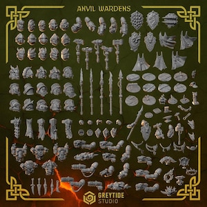 May include: A collection of miniature figurines and accessories, including helmets, weapons, shields, and armor pieces. The items are arranged on a dark green background with the text "ANVIL WARDENS" at the top. The logo for "GREYTIDE STUDIO" is at the bottom.