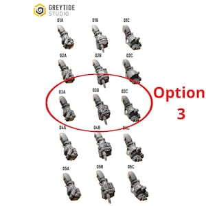Puede incluir: Imagen de producto de GreyTide Studio con m&uacute;ltiples componentes de brazo mec&aacute;nico en miniatura. La imagen est&aacute; organizada en filas y columnas, con cada componente etiquetado con un n&uacute;mero y una letra. La opci&oacute;n 3 est&aacute; resaltada con un c&iacute;rculo rojo.
