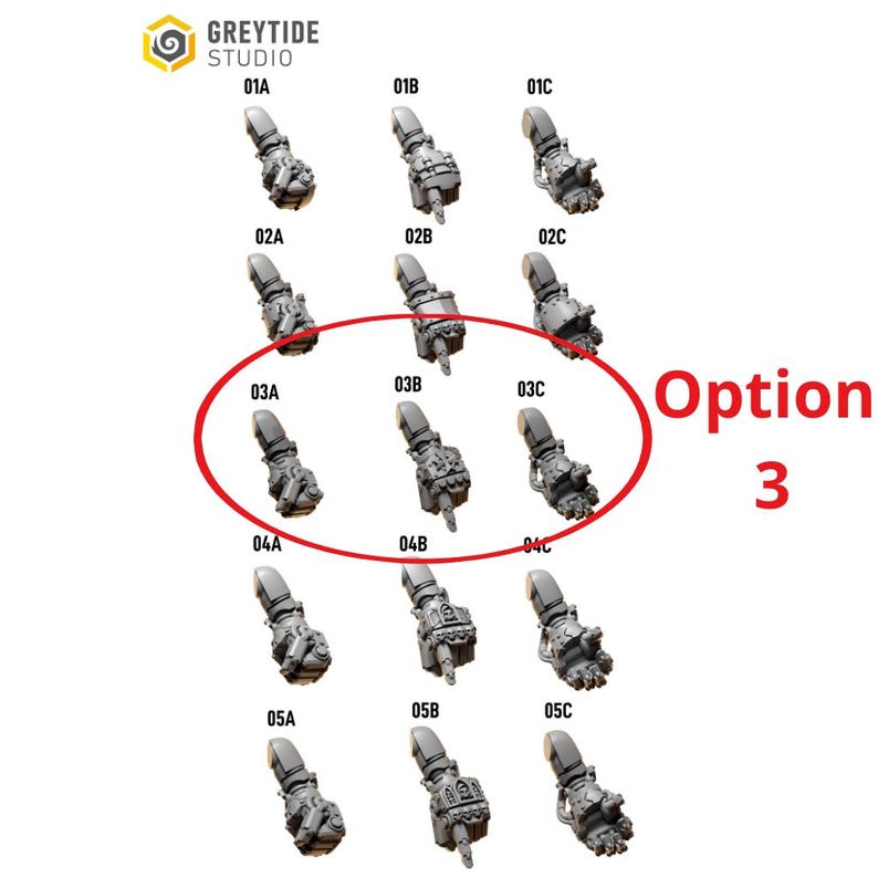 Puede incluir: Imagen de producto de GreyTide Studio con m&uacute;ltiples componentes de brazo mec&aacute;nico en miniatura. La imagen est&aacute; organizada en filas y columnas, con cada componente etiquetado con un n&uacute;mero y una letra. La opci&oacute;n 3 est&aacute; resaltada con un c&iacute;rculo rojo.