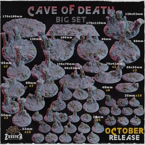 May include: A selection of grey miniature cave terrain pieces for tabletop gaming. The set includes various sizes, from 2.5cm to 17cm, with textured surfaces and green accents. The text "CAVE OF DEATH BIG SET" and "OCTOBER RELEASE" are visible.