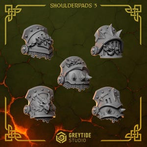 May include: A collection of five gray shoulder pads with intricate designs, including dragon and skull motifs. Each pad features chainmail and spiked or ornate detailing. The text "SHOULDERPADS 3" is at the top, with the "GREYTIDE STUDIO" logo at the bottom.