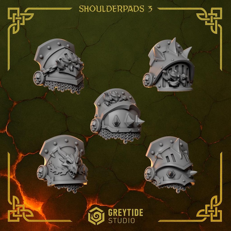 May include: A collection of five gray shoulder pads with intricate designs, including dragon and skull motifs. Each pad features chainmail and spiked or ornate detailing. The text "SHOULDERPADS 3" is at the top, with the "GREYTIDE STUDIO" logo at the bottom.