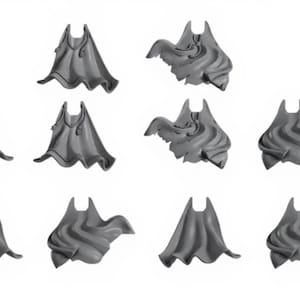 May include: A collection of ten gray miniature capes, each with a distinct draped design. The capes are made of a solid material and are designed with a high collar. The capes are arranged on a white background.