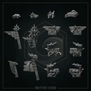 May include: A set of 12 grey plastic miniature models of various designs, including a winged figure, a figure with a sword, and a figure with a shield. The models are all in a similar style and appear to be part of a fantasy or science fiction game.