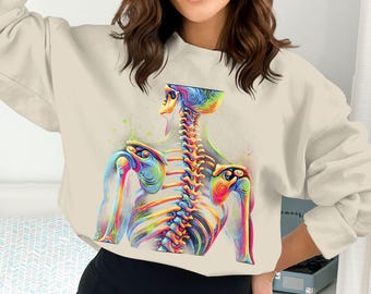 Kolorowy projekt koszulki z anatomią kręgosłupa, szkieletowe żebra, cyfrowe pobieranie PNG, sztuka medyczna, prezent dla lekarza, koszulka z nadrukiem dla służby zdrowia, koszulka, cyfrowa