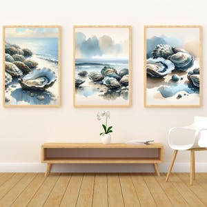 Oyster Wall Art Watercolor Print Set of 3, Coastal Decor, Sea Shell Art, Printable Wall Art, Digital Download, Beach House Decor/Bonus Image