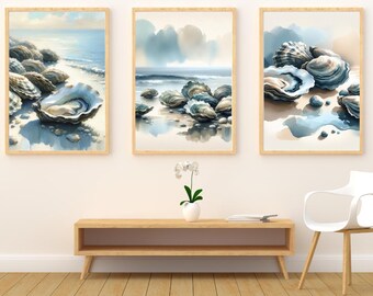 Oyster Watercolor Print Set: Coastal Beach House Decor (Digital Download)