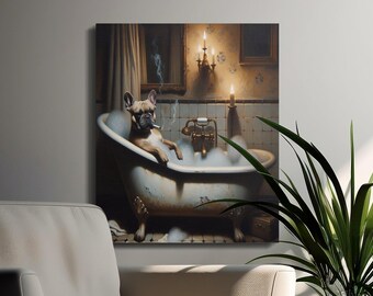 May include: A canvas print depicts a French Bulldog relaxing in a vintage bathtub filled with bubbles. The dog is smoking a cigarette. The bathroom has candles and antique fixtures, creating a humorous and relaxed atmosphere.
