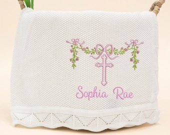 Personalized Floral Cross Embroidery Blanket, Newborn Keepsake, Baptism Gift, Baby Shower Gift, Custom Baby Name, Embroidery Baby Blanket