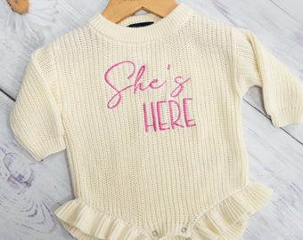 Personalized Baby Girl Baby Boy Romper, Luxury Neutral Set, Newborn Beige, Announcement Bodysuit, Baby Coming Home Outfit, Knit Hello World
