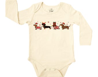 Dachshund Christmas Baby Onesie, Bamboo Luxury Weenie Christmas Onesie, Christmas Dog Dachshund Baby Onesie, Dachshund Baby Onesie