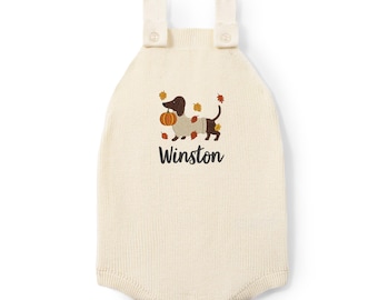 Personalized Dachshund Fall Baby Romper, Pumpkin Wiener Dog Baby Outfit, Thanksgiving Baby Gift, Fall Baby Clothes, Baby Shower Gift