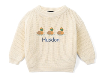 Personalized Embroidered Duck Baby Sweater, Custom Name Fall Knit Sweater, Thanksgiving Baby Outfit, Autumn Baby Gift, Baby Shower Gift