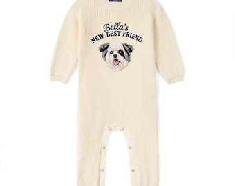 Custom Embroidered Dog Portrait Baby Romper, New Pet Friend Romper, Pet Sibling Outfit, Dog Bodysuit for Pregnant Announcement, Newborn Gift